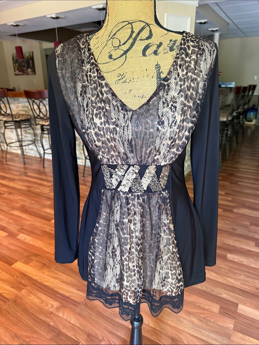 Venus deep v neck cinched waist leopard and snakeskin with gold accents blouse